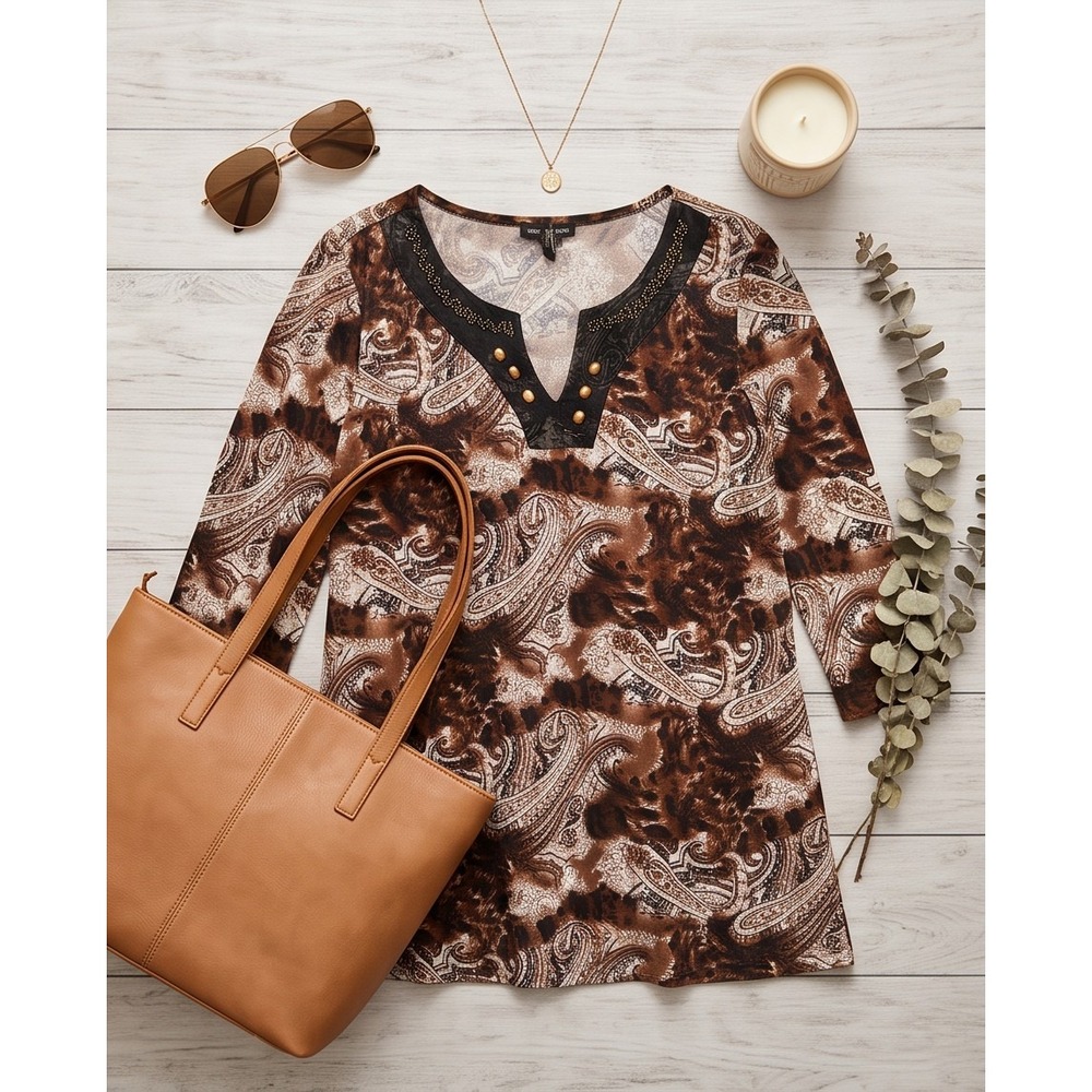 Susan Lawrence Womens Brown Paisley V-Neck 3/4 Sleeve Tunic Top Plus 2XL Beaded